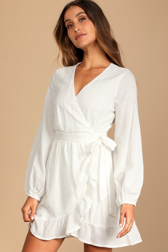 White Wrap Dress - Ruffled Wrap Dress - Long Sleeve Wrap Dress - Lulus